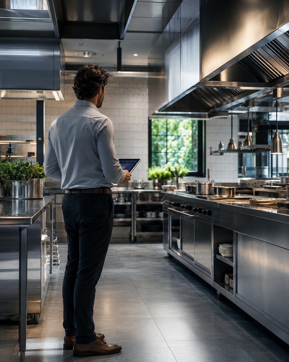 Consultor revisando una cocina comercial de alta gama con una tablet
