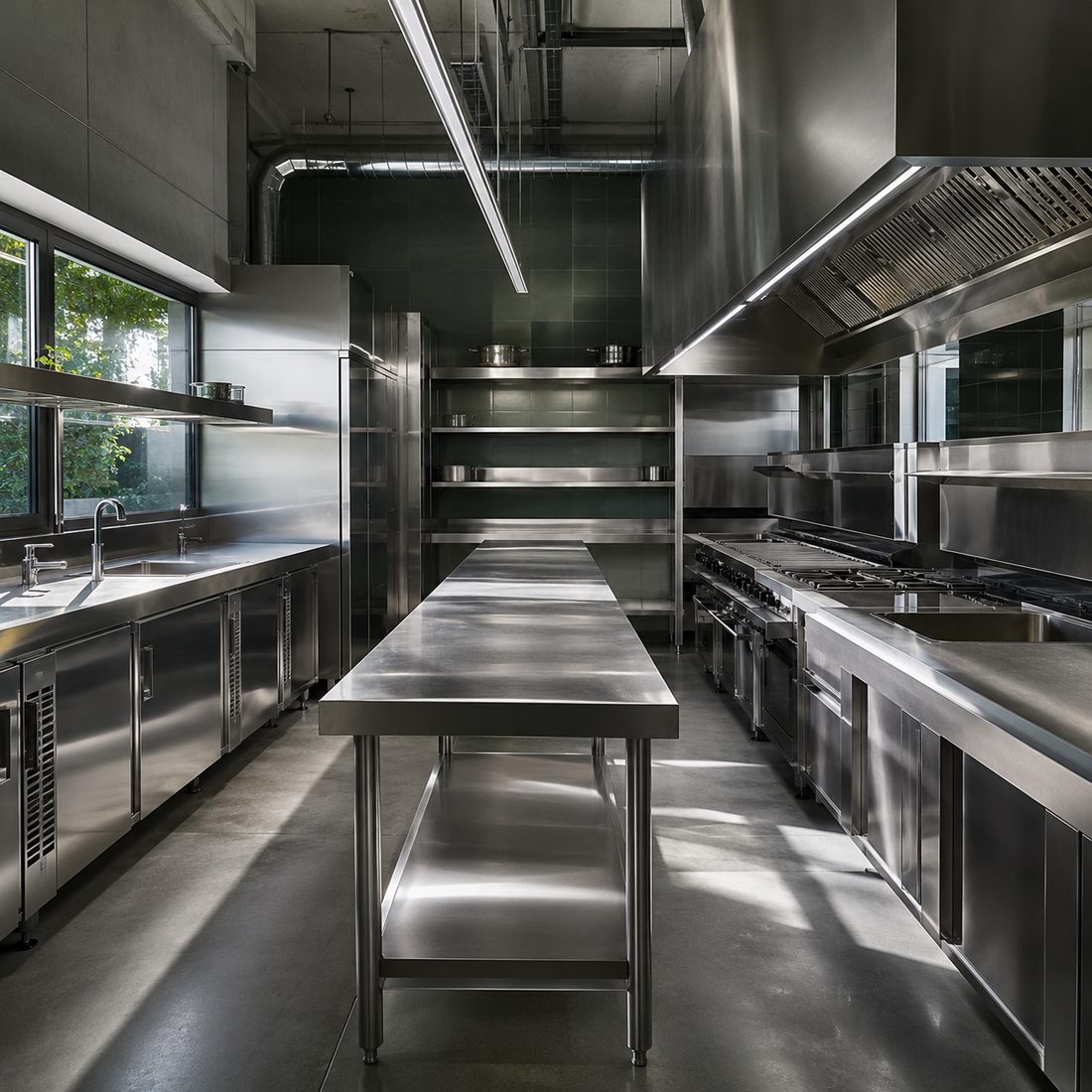 Cocina industrial de acero inoxidable diseñada y planificada